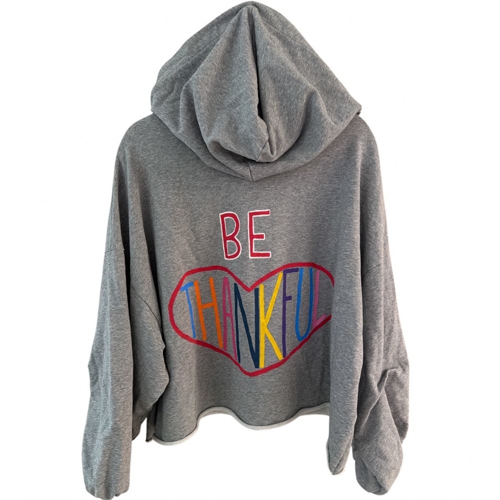 Wren and Glory Grey Be Thankful Crop Hoodie Oversized Small Graphic Sweatshirt